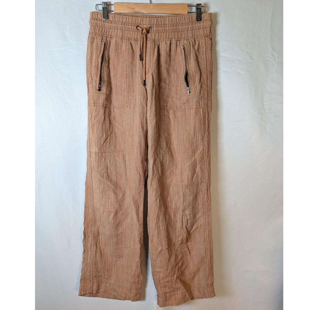 Athleta Cabo Linen Textured Wide Leg Pants Orange Terracotta Smocked Waist 4